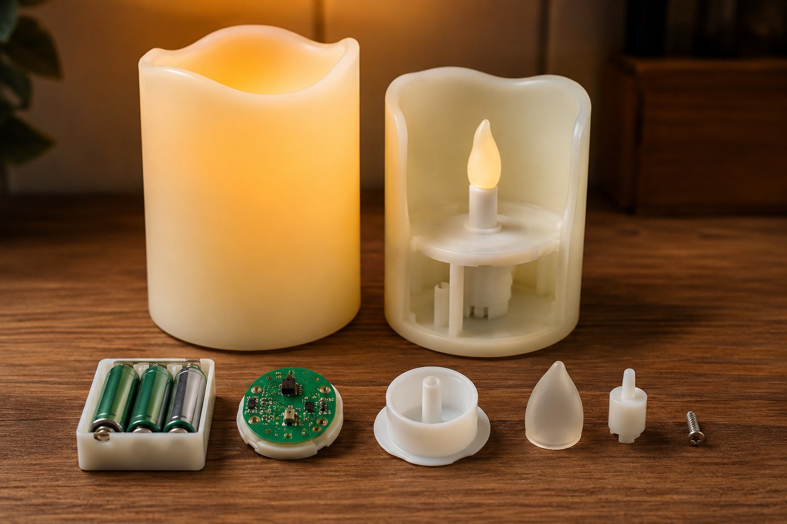 The main parts of a candlelight are an LED chip